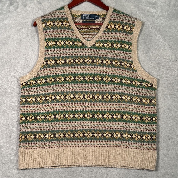Polo Ralph Lauren Sweater Vest Mens L Wool Fair Isle Hand Knit V Neck Vintage
